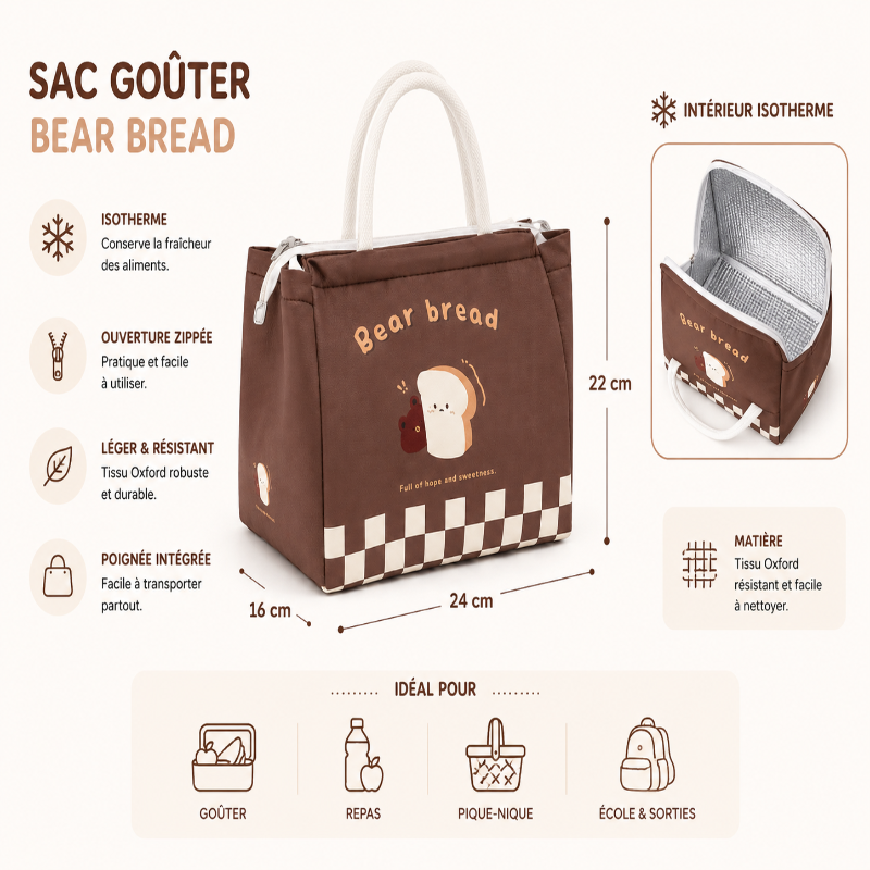 Dimensions et caractéristiques du sac goûter Bear Bread avec intérieur isotherme et tissu Oxford