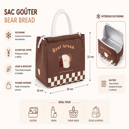 Dimensions et caractéristiques du sac goûter Bear Bread avec intérieur isotherme et tissu Oxford