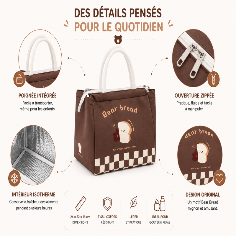 Détails du sac goûter Bear Bread avec fermeture zippée, poignée intégrée et intérieur isotherme.