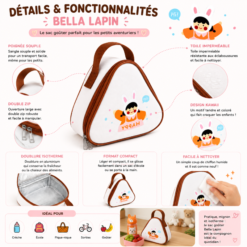 Détails et fonctionnalités du sac goûter enfant Bella Lapin avec intérieur isotherme et format compact.