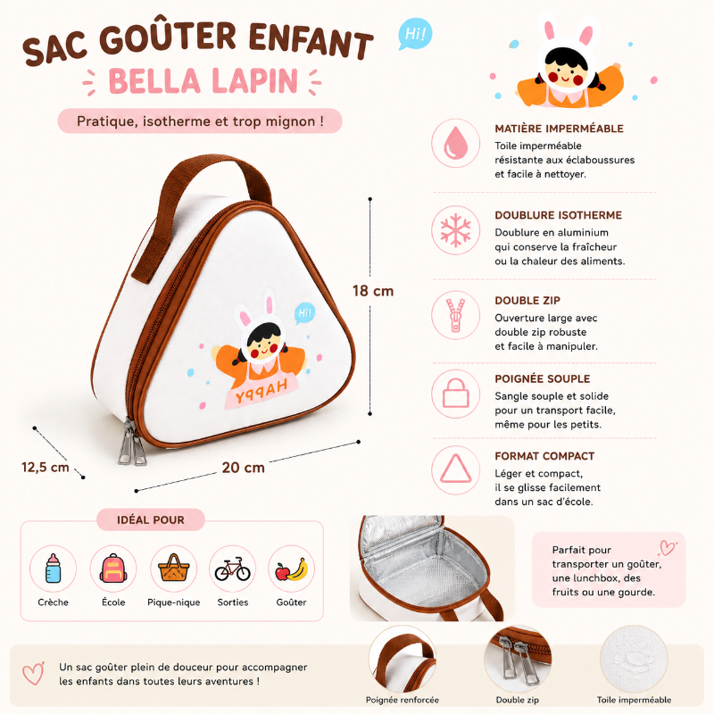 Dimensions et caractéristiques du sac goûter enfant Bella Lapin avec doublure isotherme et double zip