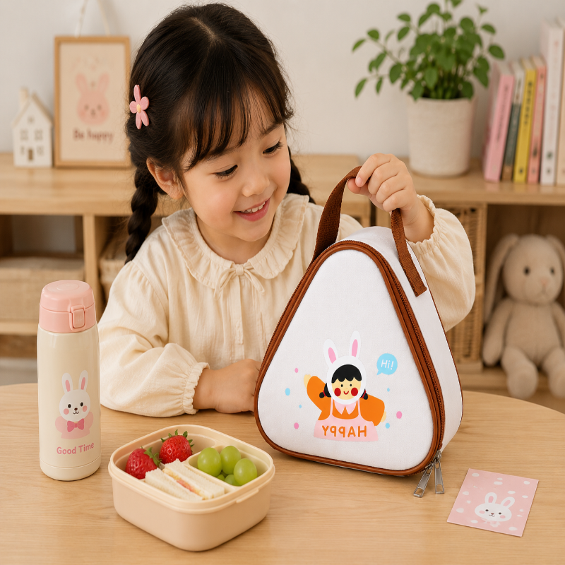 Fille utilisant un sac goûter enfant Bella Lapin pendant une pause repas
