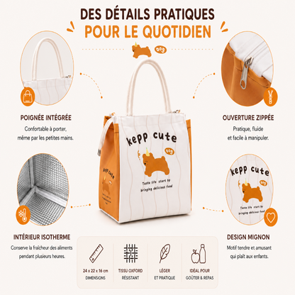 Sac goûter enfant Keep Cute blanc et orange avec motif ourson visuel details 