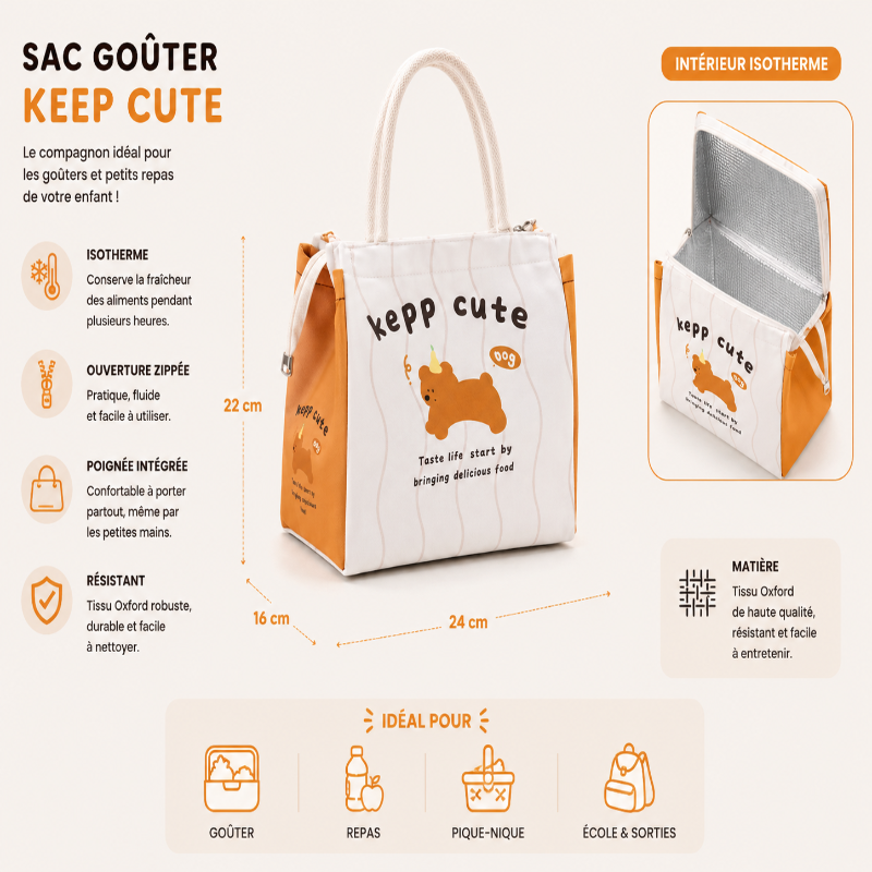 Sac goûter enfant Keep Cute blanc et orange avec motif ourson visuel dimension 
