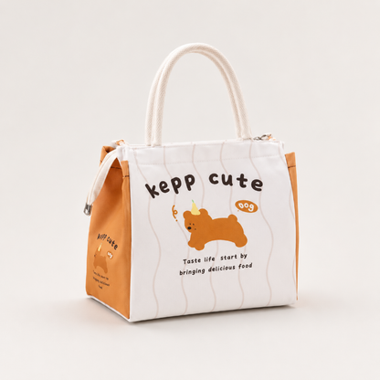 Sac goûter enfant Keep Cute blanc et orange avec motif ourson