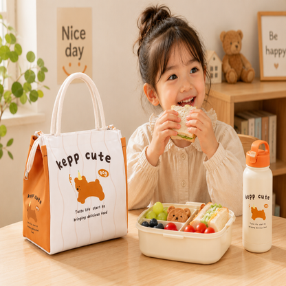 Sac goûter enfant Keep Cute blanc et orange avec motif ourson visuel utilisation 