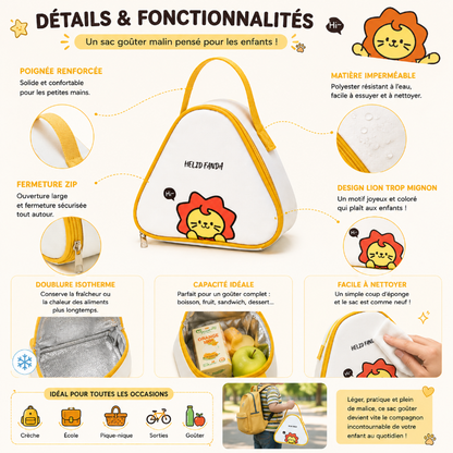 Détails et fonctionnalités du sac goûter enfant lion avec doublure isotherme et fermeture zip.