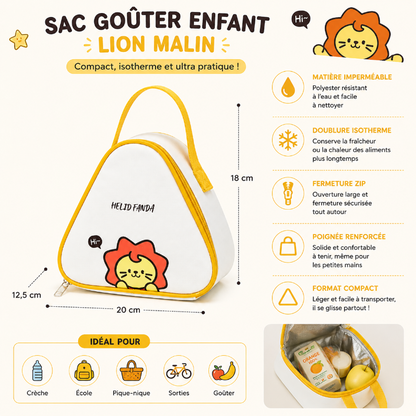 Dimensions et caractéristiques du sac goûter enfant lion isotherme blanc et jaune.