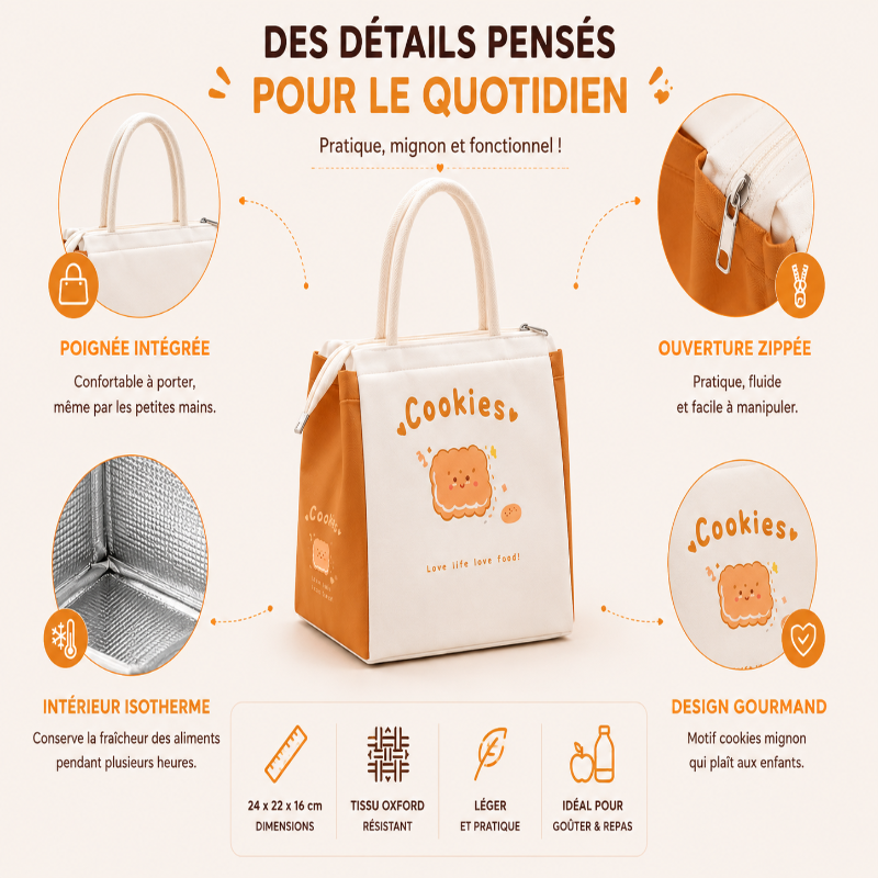 Détails du sac goûter Cookies avec poignée intégrée, fermeture zippée et intérieur isotherme.