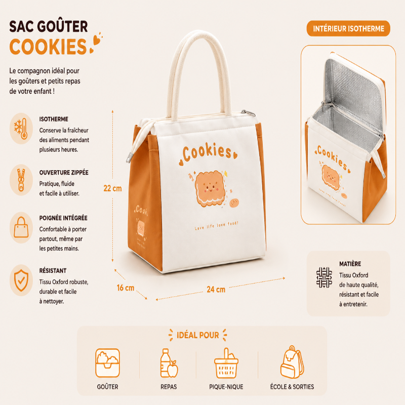 Dimensions et caractéristiques du sac goûter Cookies avec intérieur isotherme et tissu Oxford