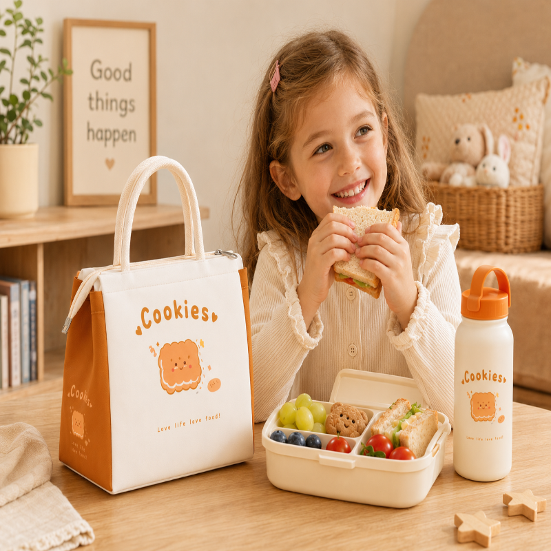 Enfant utilisant le sac goûter Cookies pendant le déjeuner