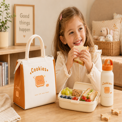 Enfant utilisant le sac goûter Cookies pendant le déjeuner