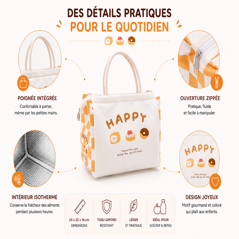 Détails du sac goûter Happy avec poignée intégrée, fermeture zippée et intérieur isotherme.