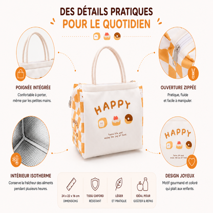 Détails du sac goûter Happy avec poignée intégrée, fermeture zippée et intérieur isotherme.