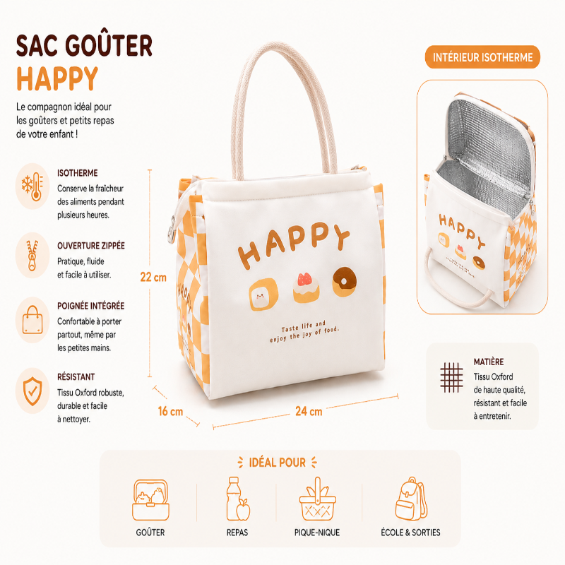 Dimensions et caractéristiques du sac goûter Happy avec intérieur isotherme et tissu Oxford 