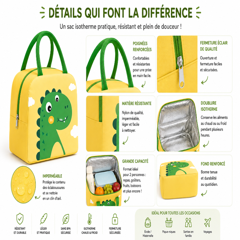 Détails du sac isotherme enfant dinosaure vert avec poignées renforcées, fermeture zippée et intérieur thermique.