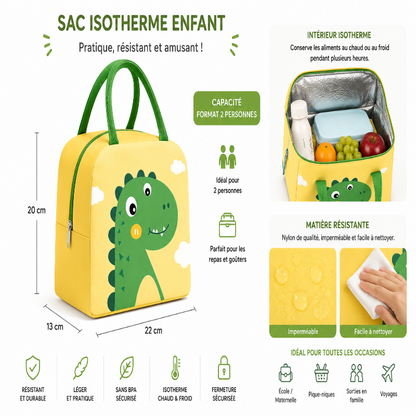 Dimensions et caractéristiques du sac isotherme enfant dinosaure vert avec intérieur thermique et nylon imperméable