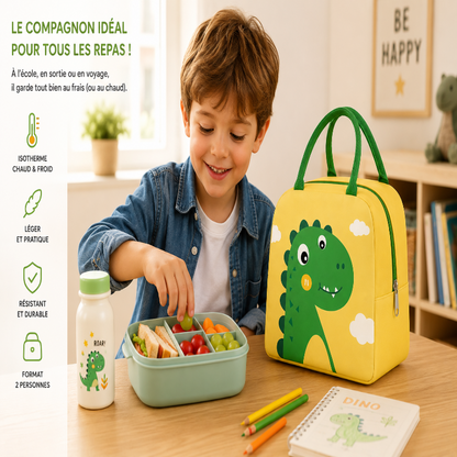 Enfant utilisant le sac isotherme dinosaure vert pendant le repas