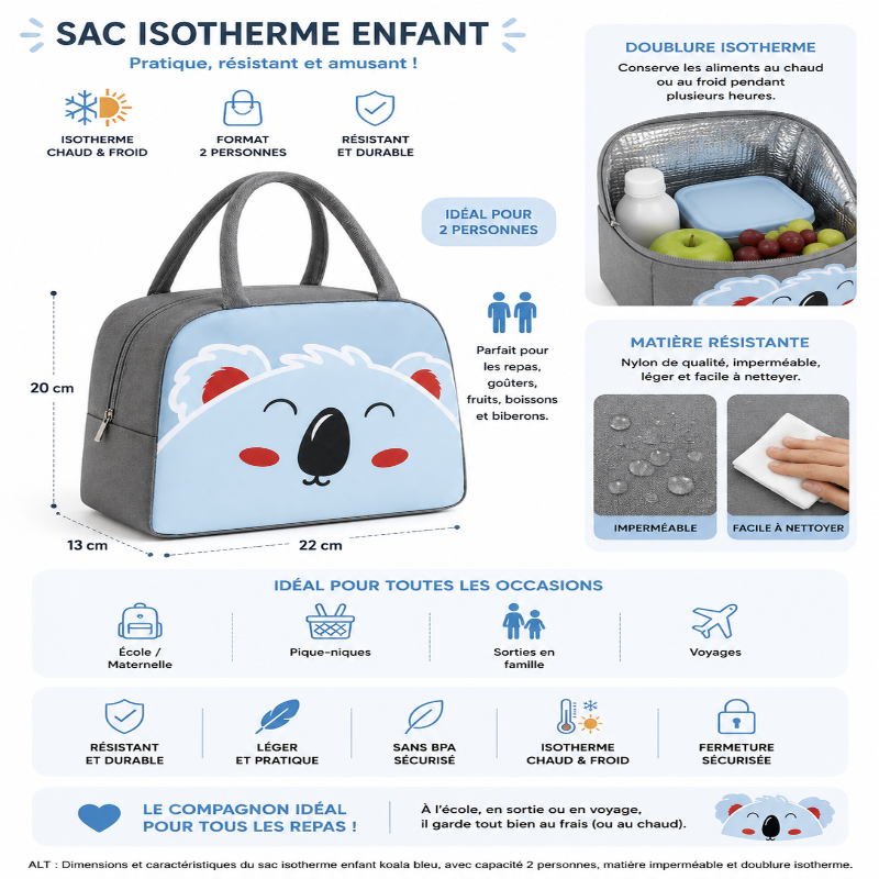 Dimensions et caractéristiques du sac isotherme enfant koala bleu avec capacité 2 personnes, matière imperméable et doublure isotherme.