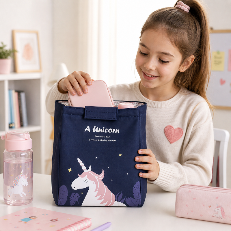 Sac isotherme enfant licorne bleu visuel fille qui prepare son sac 