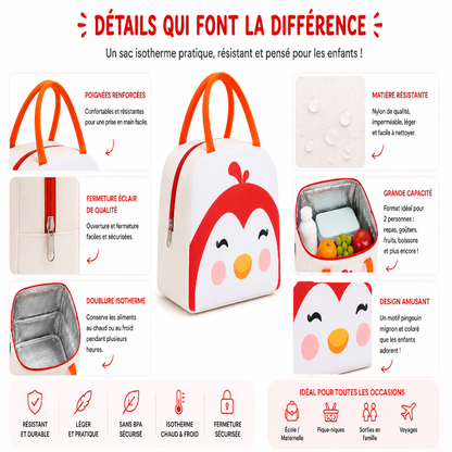 Details du sac isotherme enfant penguin rouge avec fermeture zippée, poignées renforcées et intérieur thermique.