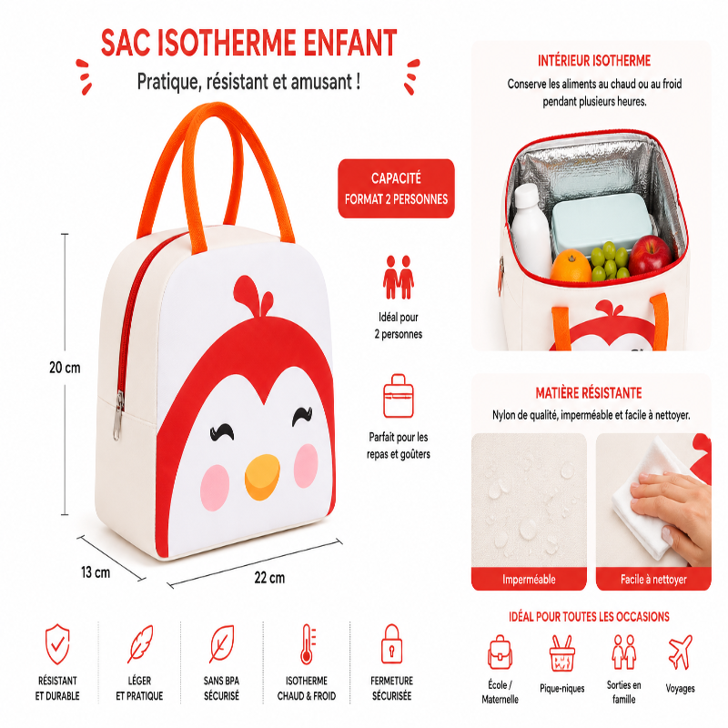 Détails du sac isotherme enfant penguin rouge avec fermeture zippée, poignées renforcées et intérieur thermique.