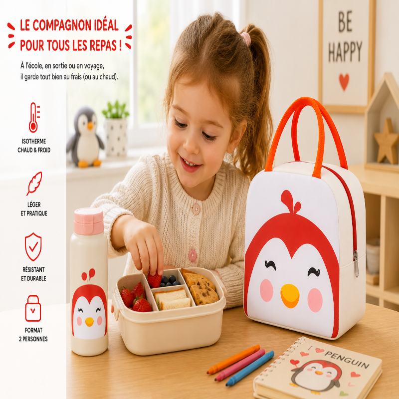  Enfant utilisant le sac isotherme penguin rouge pendant le repas 