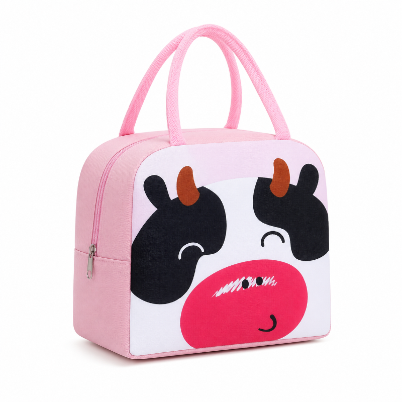 Sac isotherme enfant vache rose avec poignées roses face 