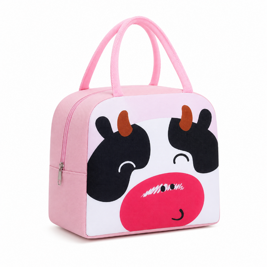 Sac isotherme enfant vache rose avec poignées roses face 