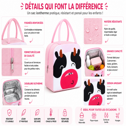 Détails du sac isotherme enfant vache rose avec poignées renforcées, fermeture zippée et intérieur thermique.