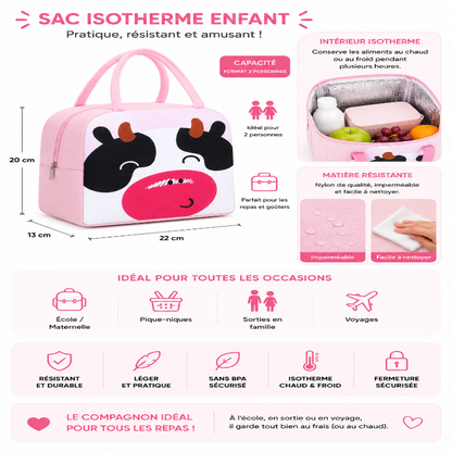 Dimensions et caractéristiques du sac isotherme enfant vache rose avec intérieur thermique et nylon imperméable.