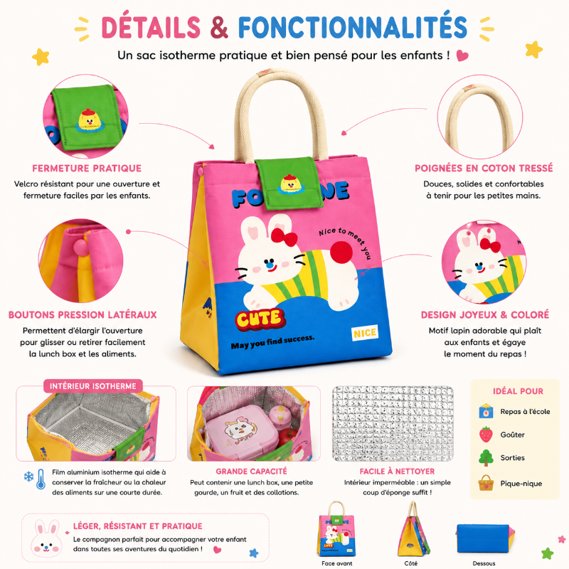 Détails et fonctionnalités du sac isotherme repas enfant lapin rose avec intérieur isotherme et poignées en coton.