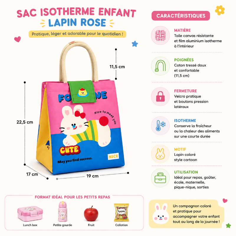 Détails et fonctionnalités du sac isotherme repas enfant lapin rose avec intérieur isotherme et poignées en coton.