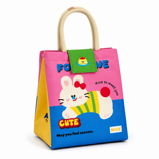 Sac isotherme repas enfant lapin rose coloré avec poignées tressées
