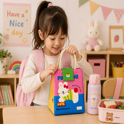 Fille utilisant un sac isotherme repas enfant lapin rose.