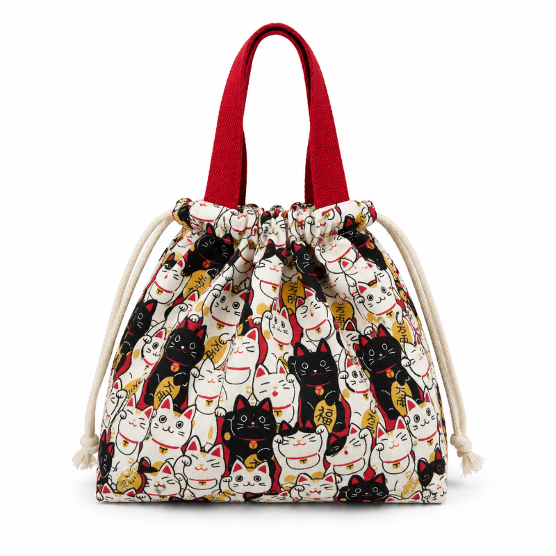 Sac lunch enfant chats kawaii avec anses rouges et fermeture cordon