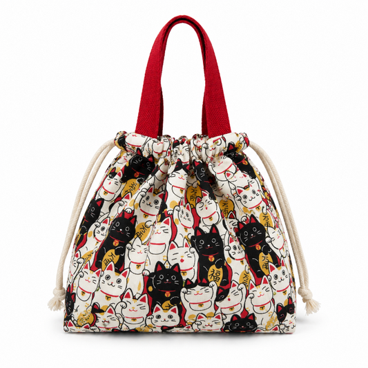Sac lunch enfant chats kawaii avec anses rouges et fermeture cordon