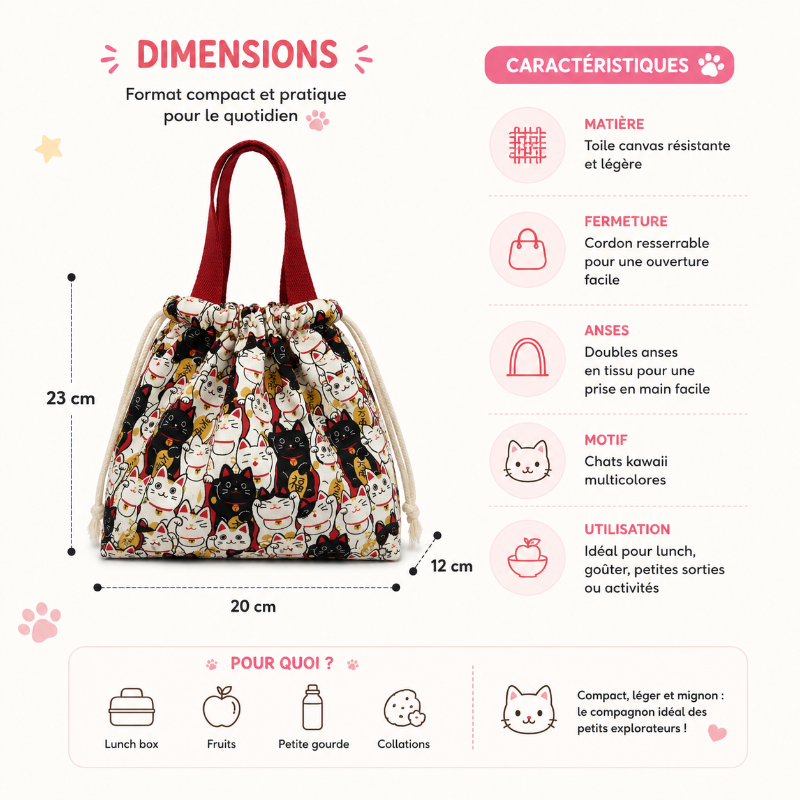 Dimensions et caractéristiques du sac lunch enfant chats kawaii avec fermeture cordon et format compact.