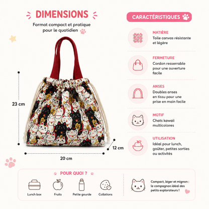 Dimensions et caractéristiques du sac lunch enfant chats kawaii avec fermeture cordon et format compact.