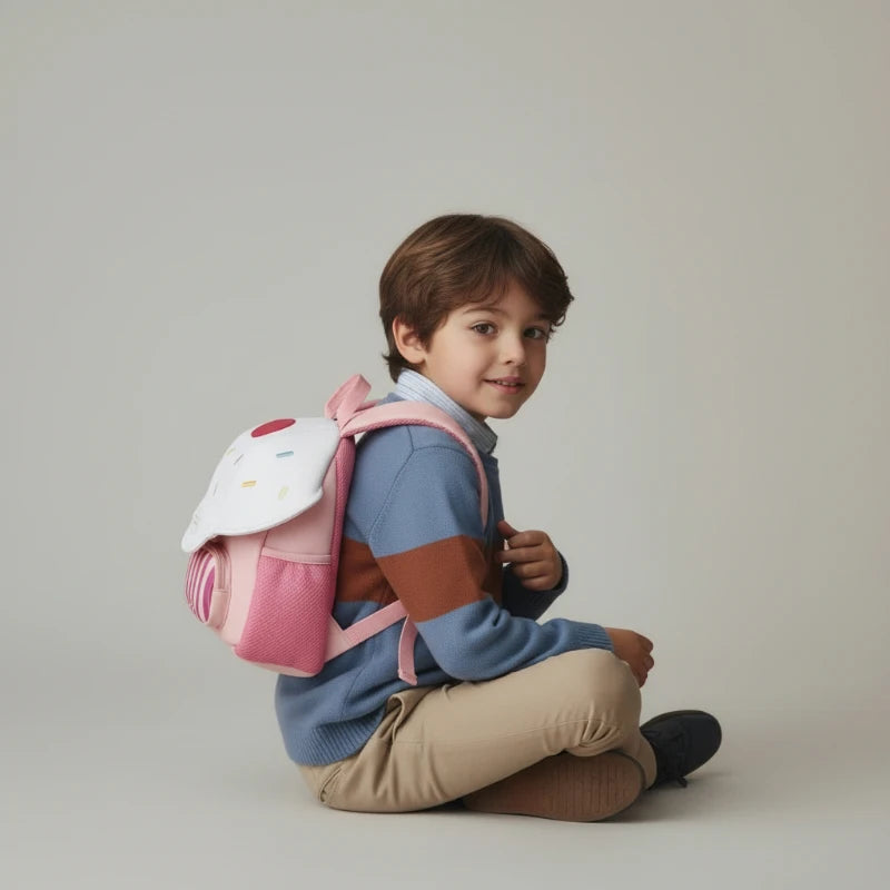 Sac maternelle champignon rose visuel enfant assis 