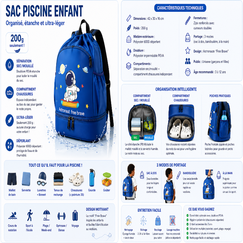 Sac piscine bleu enfant infographie