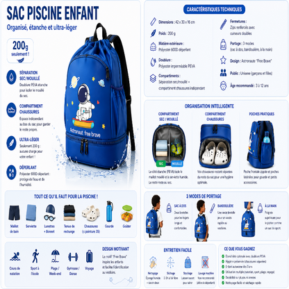 Sac piscine bleu enfant infographie