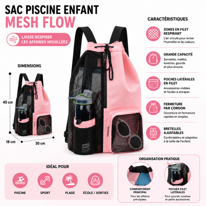 Dimensions et caractéristiques du sac piscine enfant Mesh Flow rose avec zones respirantes et poches filet aérées.
