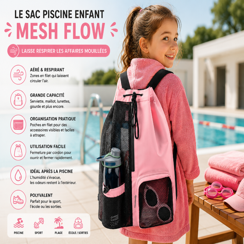 Enfant portant le sac piscine enfant Mesh Flow rose au bord de la piscine