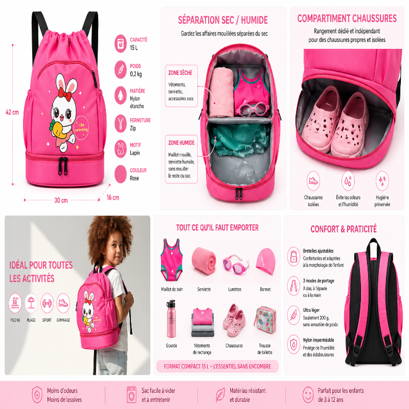 Sac piscine enfant lapin rose infographie 