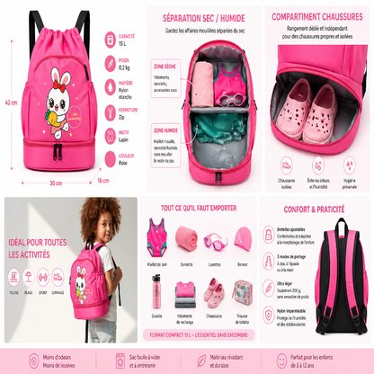 Sac piscine enfant lapin rose infographie 