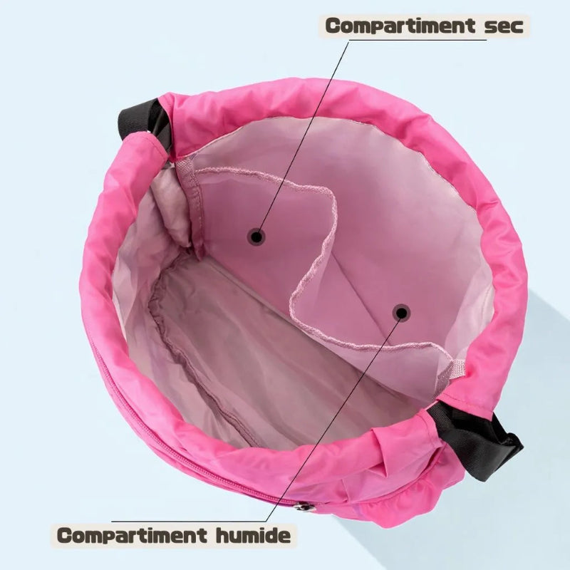 Sac piscine enfant lapin rose vue d'interieur compartiment humide et sec