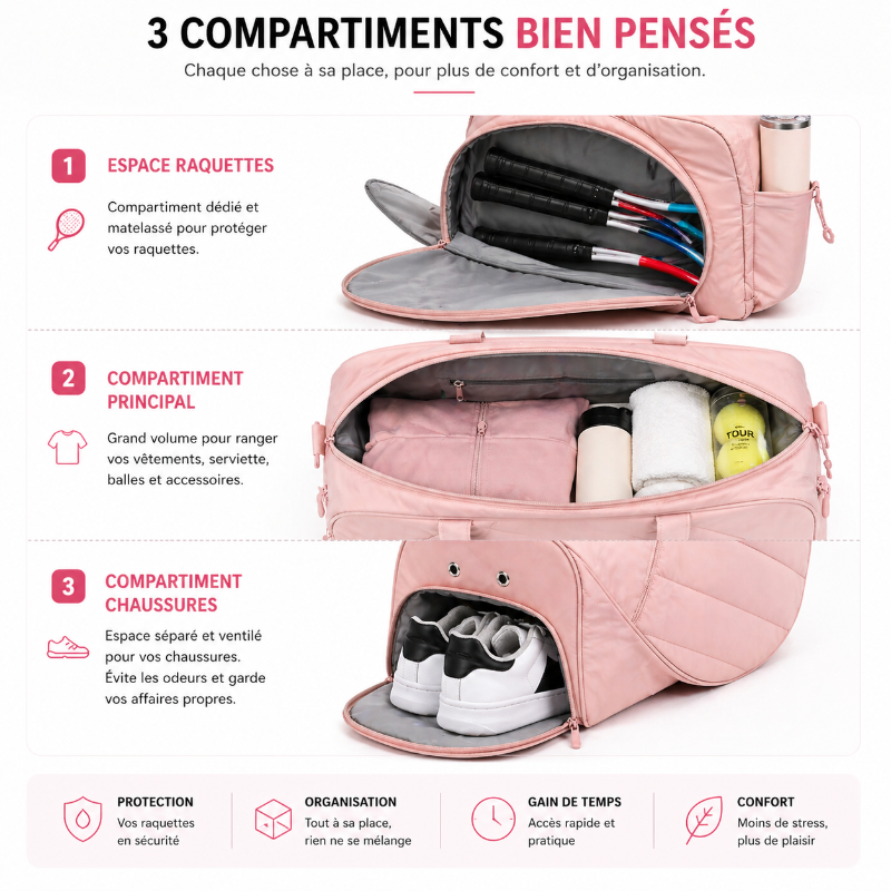 Sac raquette tennis enfant visuel compartiments
