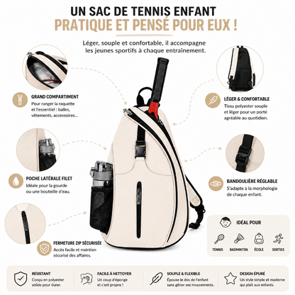 Sac tennis enfant blanc e avec rangement pratique, légèreté, bandoulière réglable et compartiment raquette avec details 