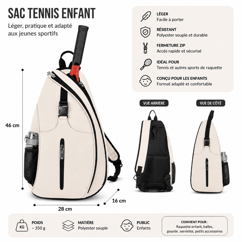 Dimensions et caractéristiques du sac tennis enfant beige avec compartiment raquette, poche gourde et bandoulière réglable